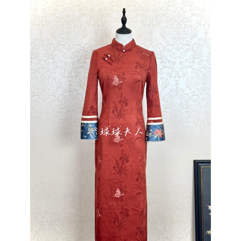 球球夫人丨红月）120cm秋冬加绒新款红色后拉链显瘦中式复古旗袍