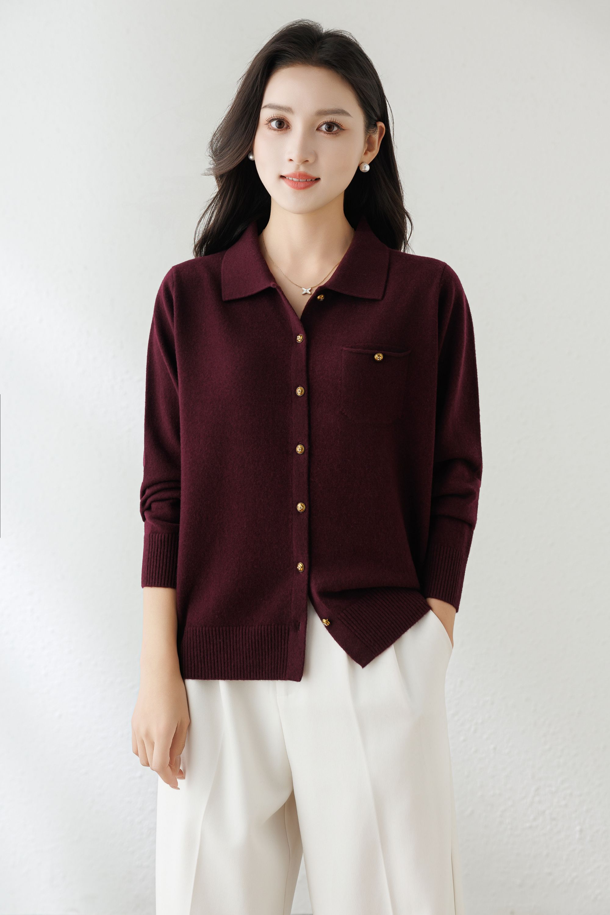 冬款新款打底时尚休闲百搭长袖纯色翻领100羊毛针织衫-8831