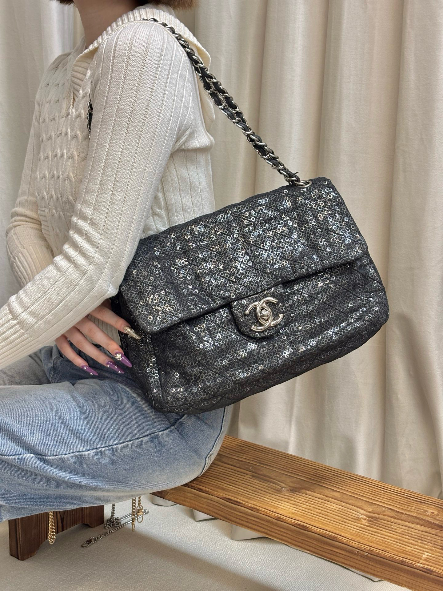 95新 Chanel/香奈儿 chanel 亮片cf斜挎包 