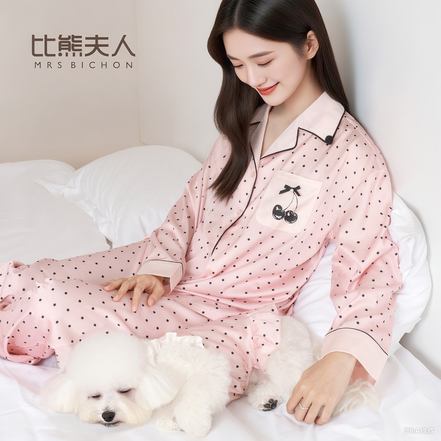 夏季轻薄冰丝同款甜美公主风樱桃波点宠物亲子家居成人睡衣套装