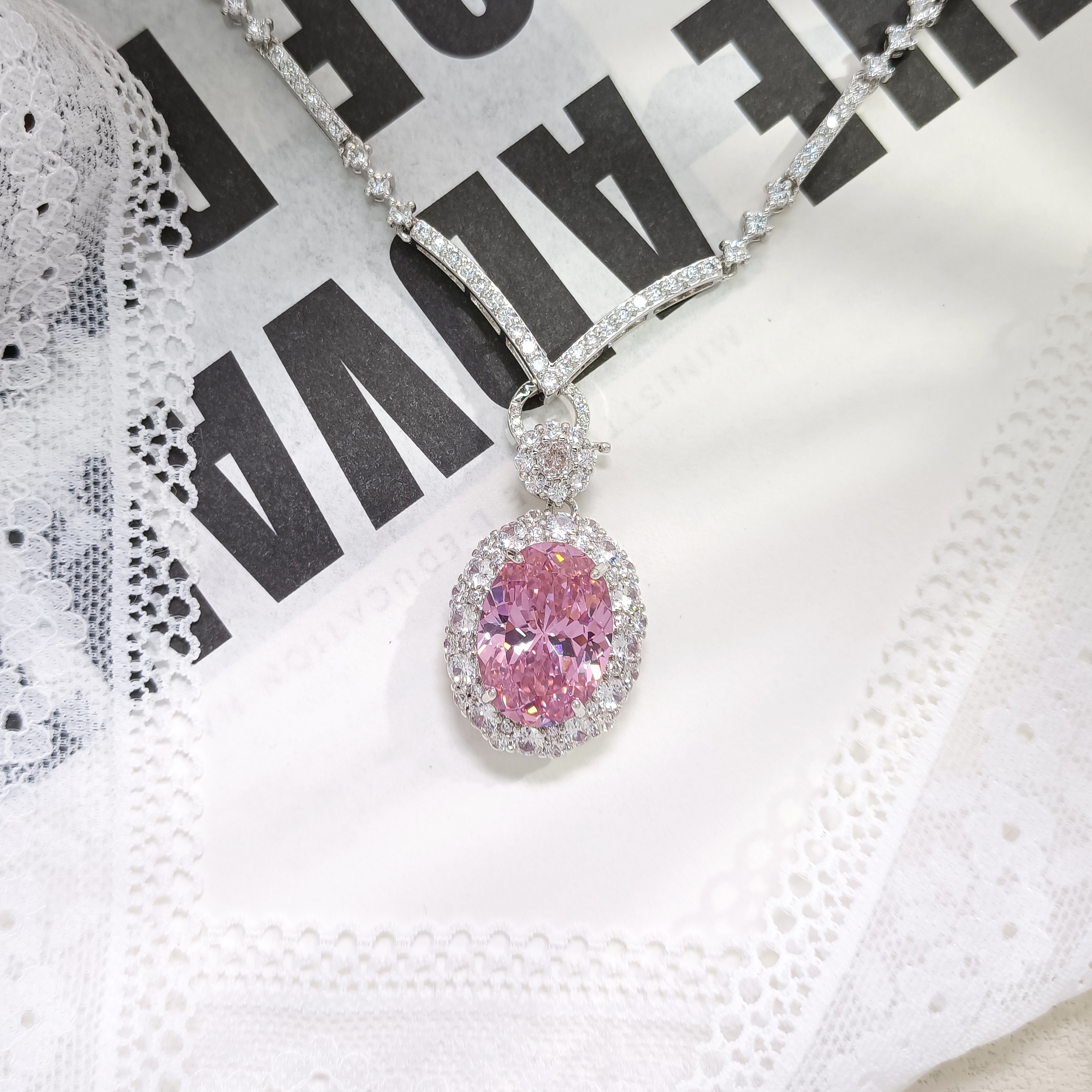 铜合金合成锆石项链 WFXLM-003083【粉黛流霞】项链欧美时尚精致