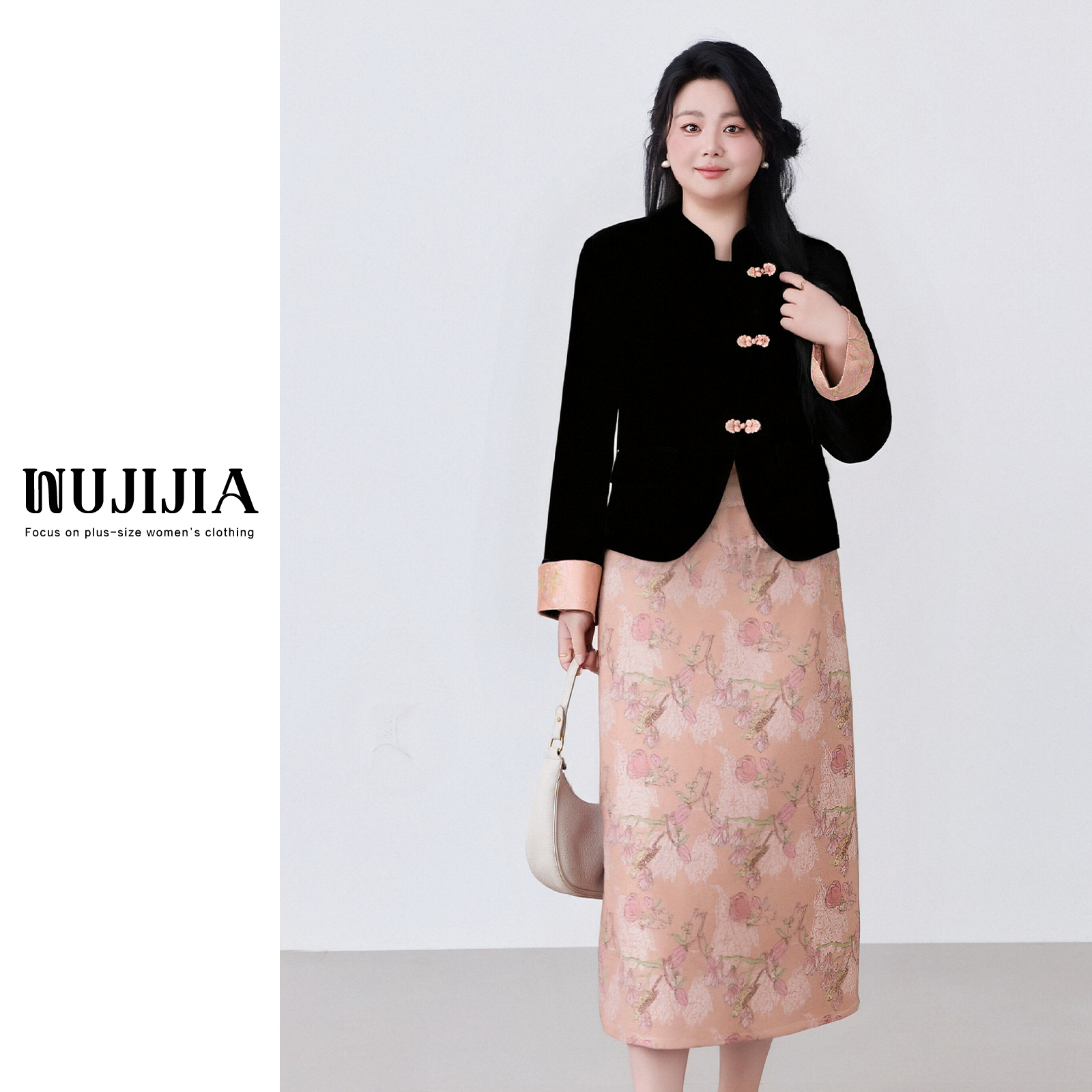 五季家/ 【云裳露华】新中式黑拼粉色上衣+粉色裙子两件套ZL113583