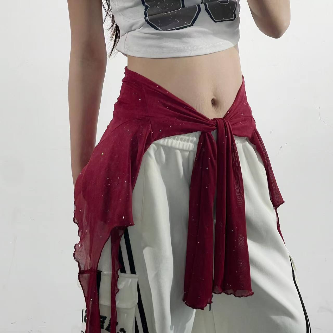 (亮片)街舞潮牌爵士jazz修身跳舞上衣女hiphop运动腰搭潮
