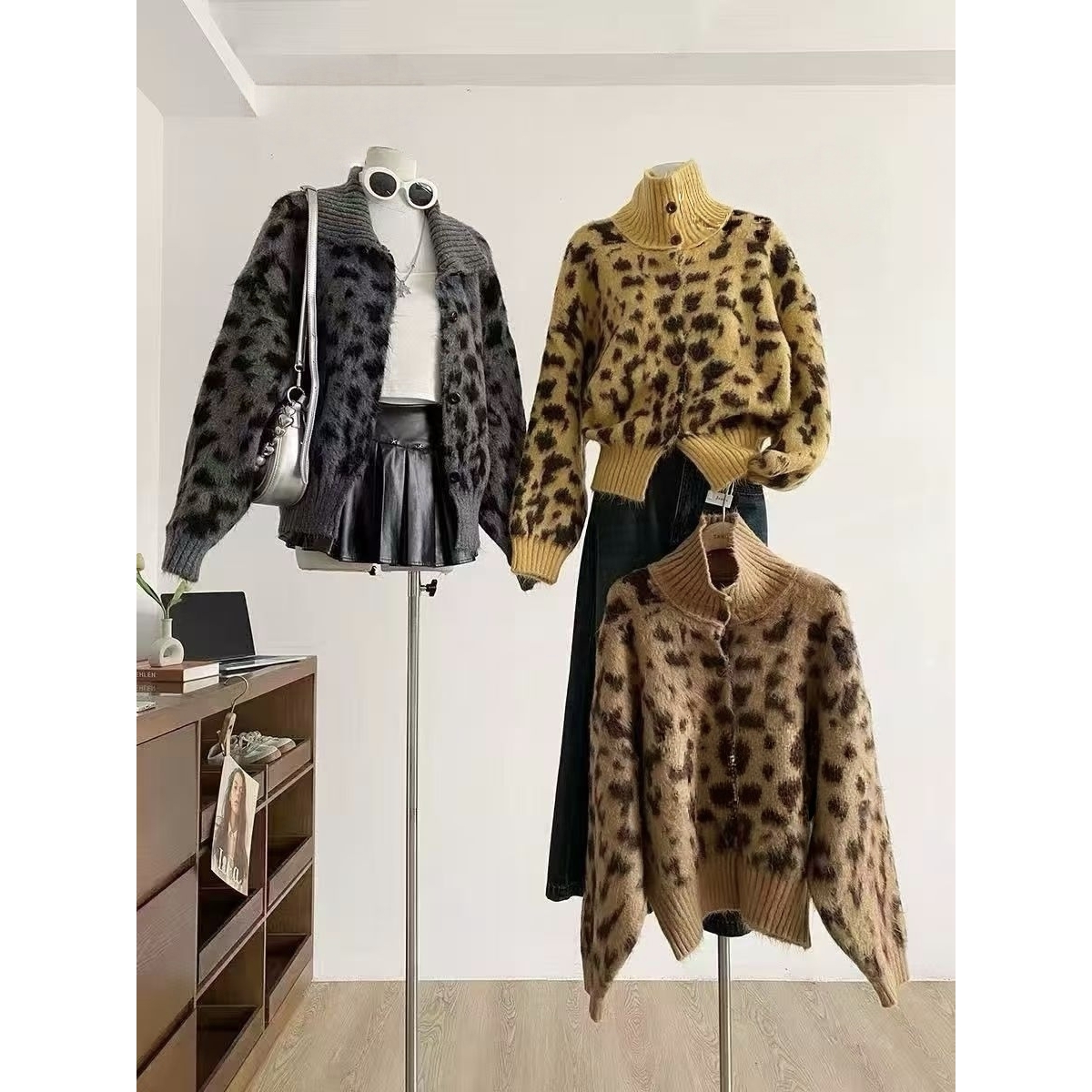 「涵涵家」复古豹纹秋冬高级感立领毛衣女宽松慵懒保暖针织衫#98971