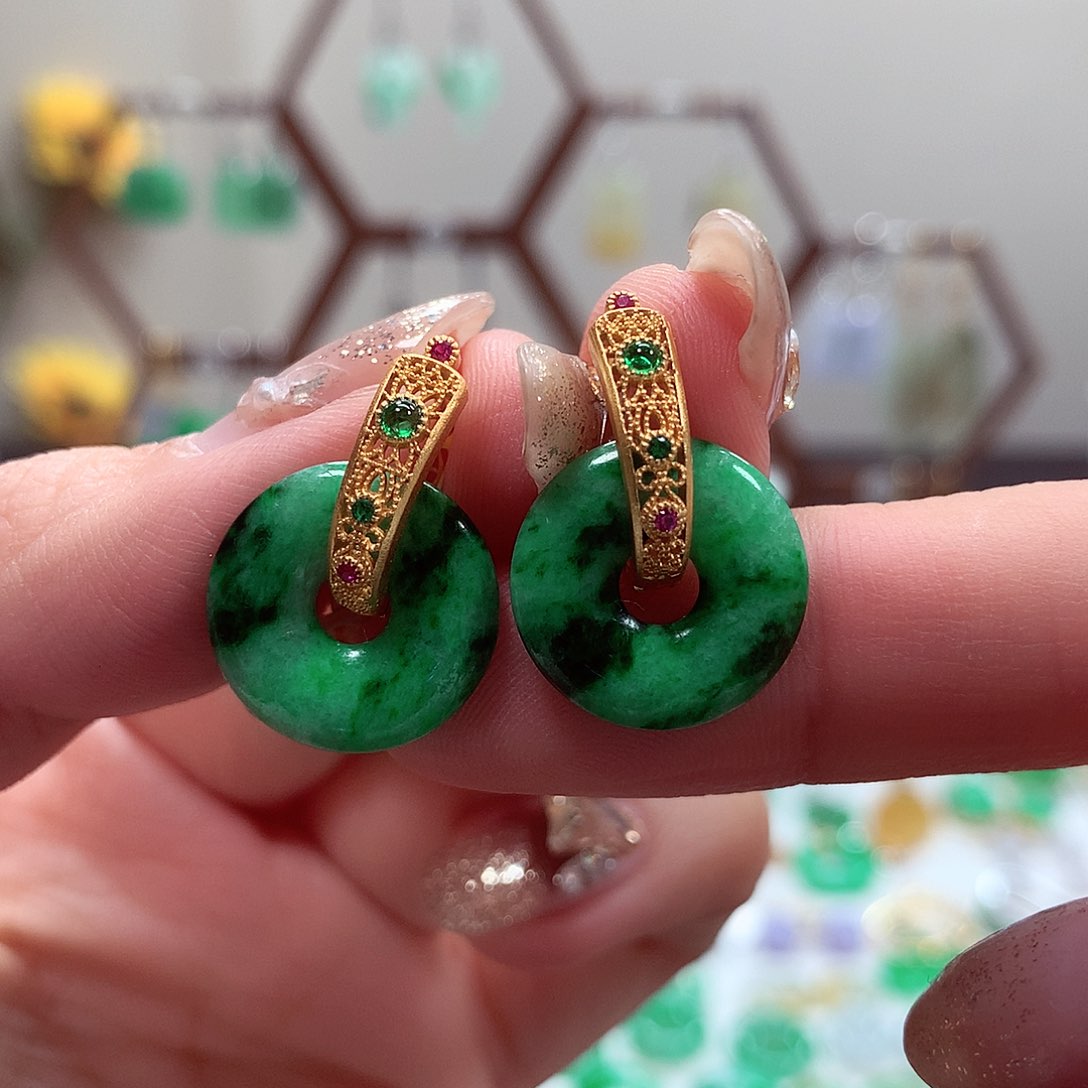 翡翠耳饰银S925镶嵌天然翡翠