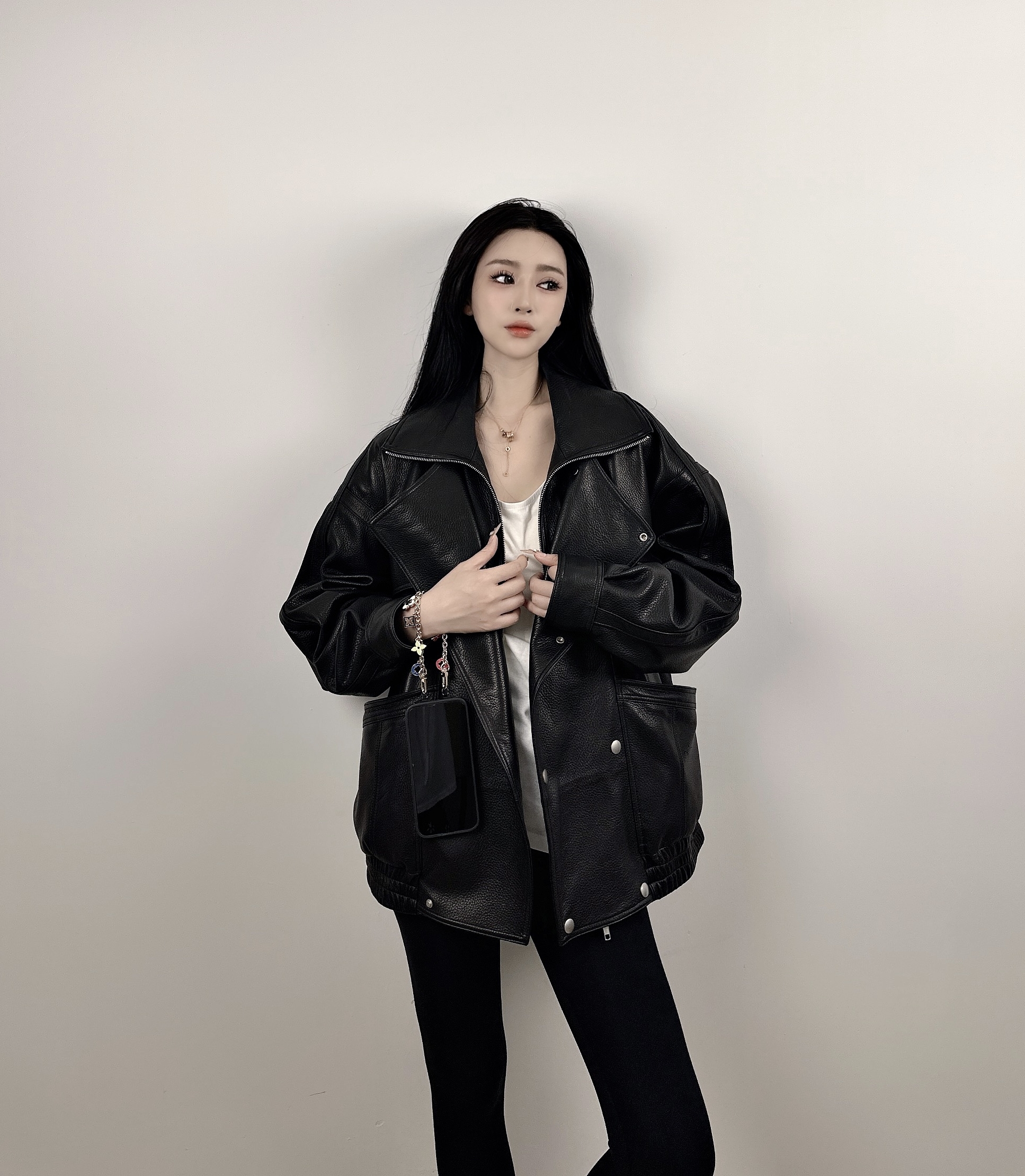 ANYI HN山羊皮美式机车皮衣复古夹克阔版真皮女时尚