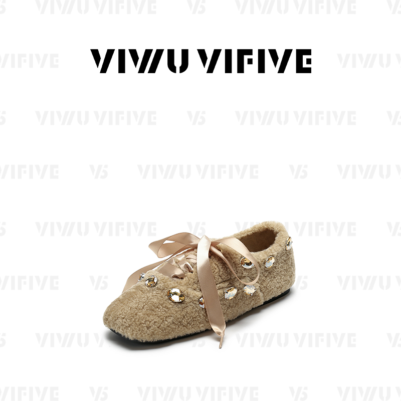 V5「暖酥」2025新款爆款流光风丝带毛茸茸水钻芭蕾风方头德训单鞋女