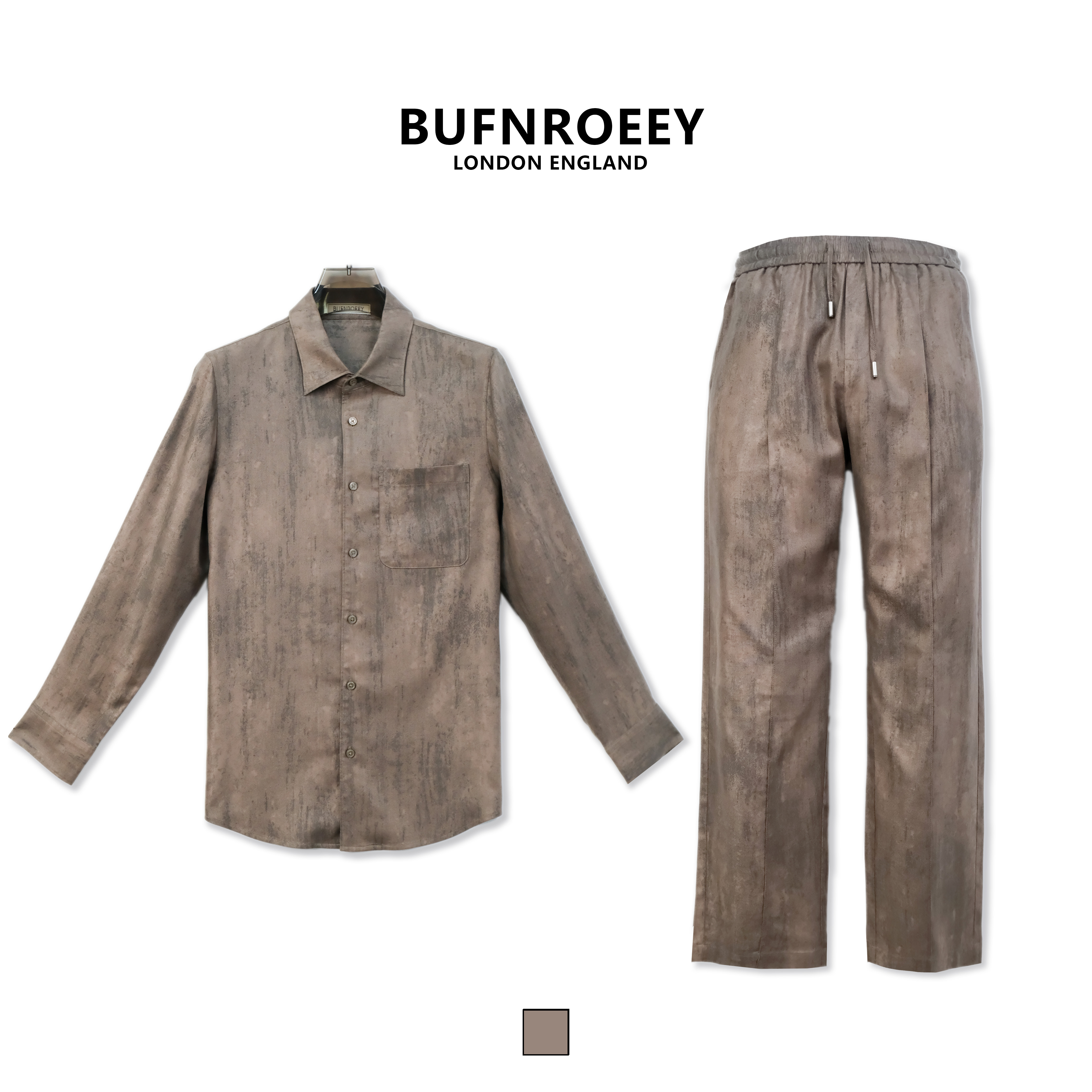 100%莱赛尔天丝美拉德色长袖衬衫直筒长裤休闲宽松复古男士套装