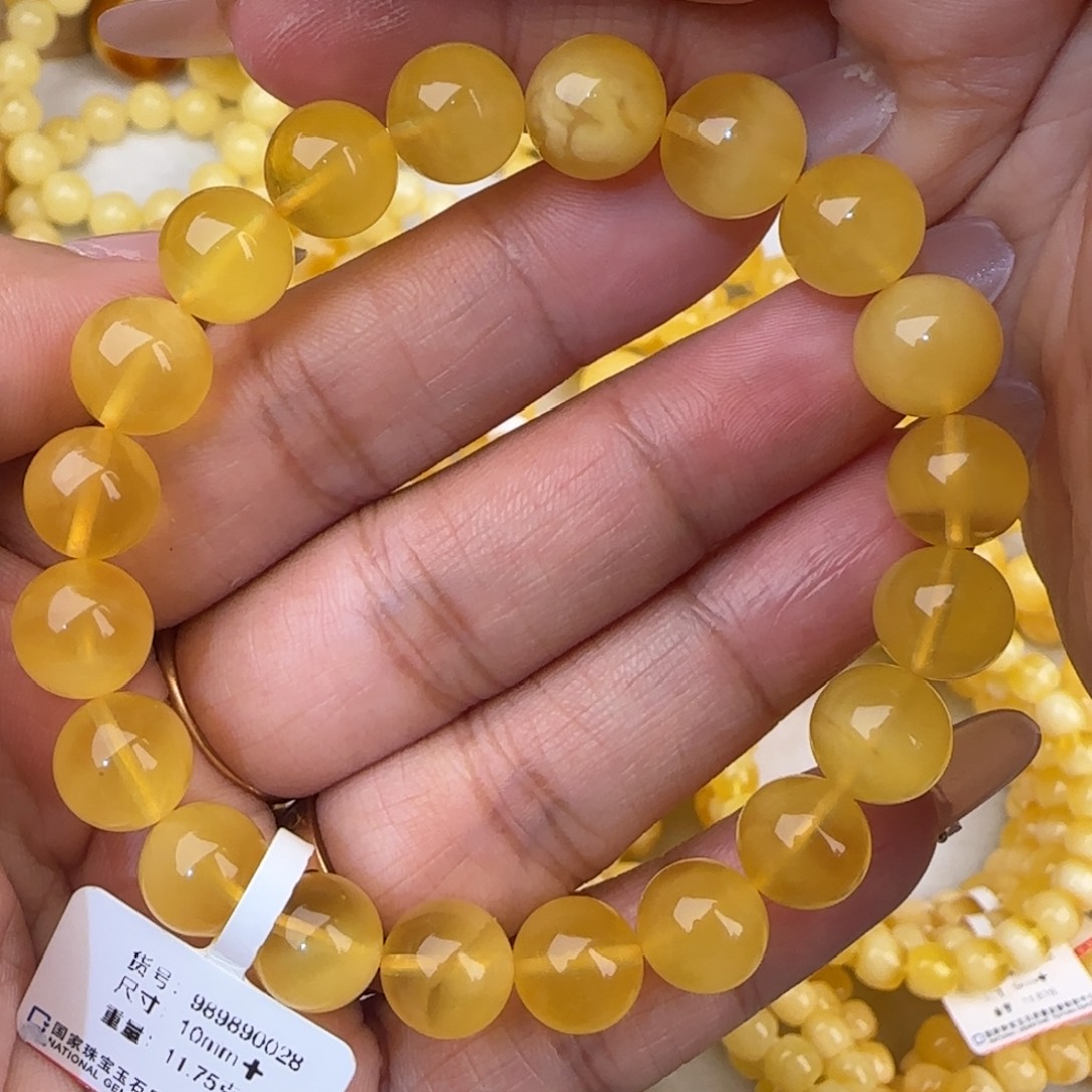 蜜蜡未镶嵌手串鸡油黄圆珠手串