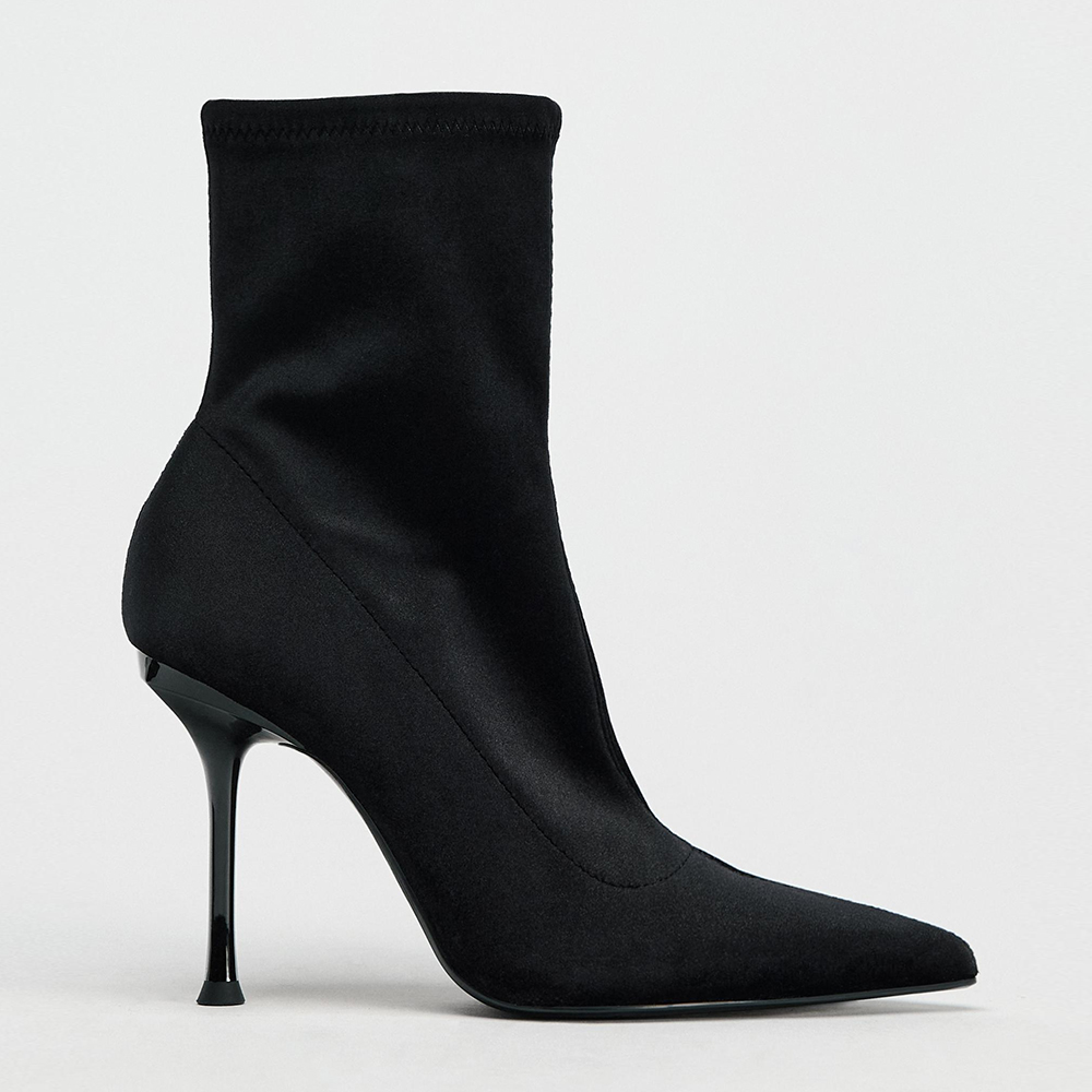 2025秋冬ZA靴子女天鹅绒面瘦瘦靴弹力袜靴尖头细跟高跟短靴女黑色