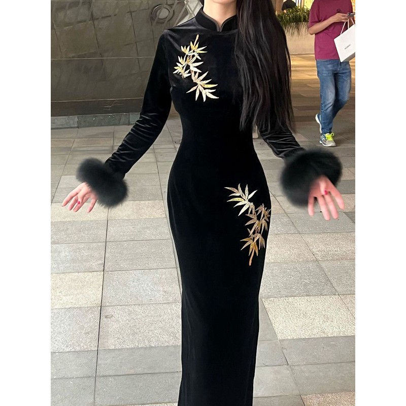 画报夫人金竹新中式国风旗袍黑色气质丝绒毛毛袖连衣裙女秋冬礼服