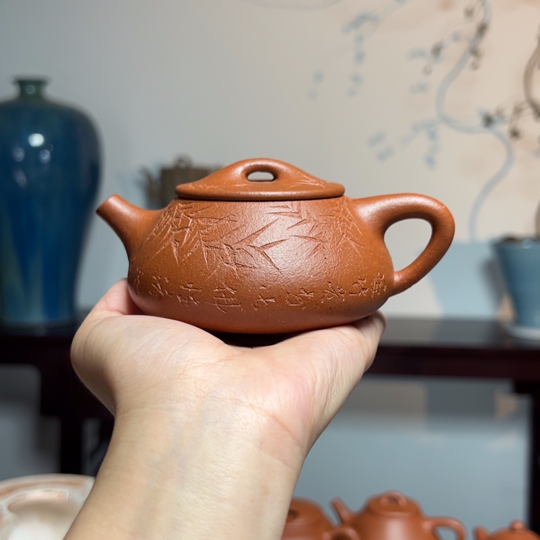 茶壶紫砂傅*石瓢刻竹红降坡210
