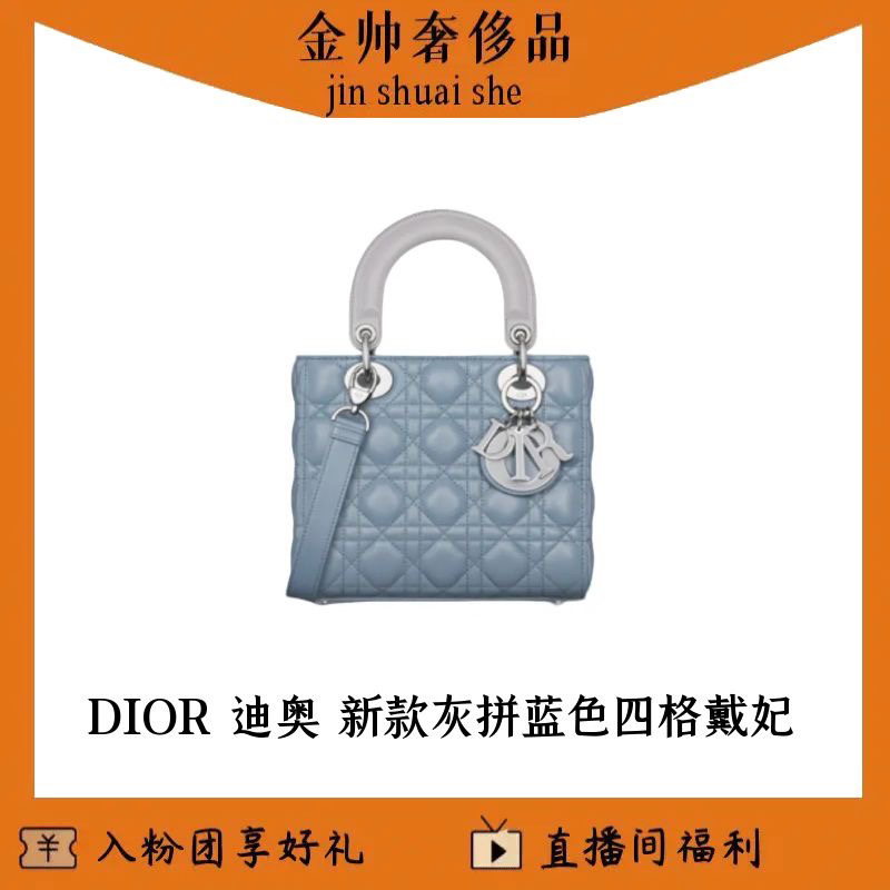 99新 DIOR/迪奥 新款灰拼蓝色/四格戴妃/手提包/单肩包/B5174