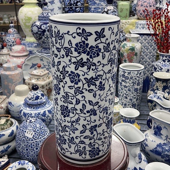 摆件青花瓷居家摆件，箭筒直筒花瓶