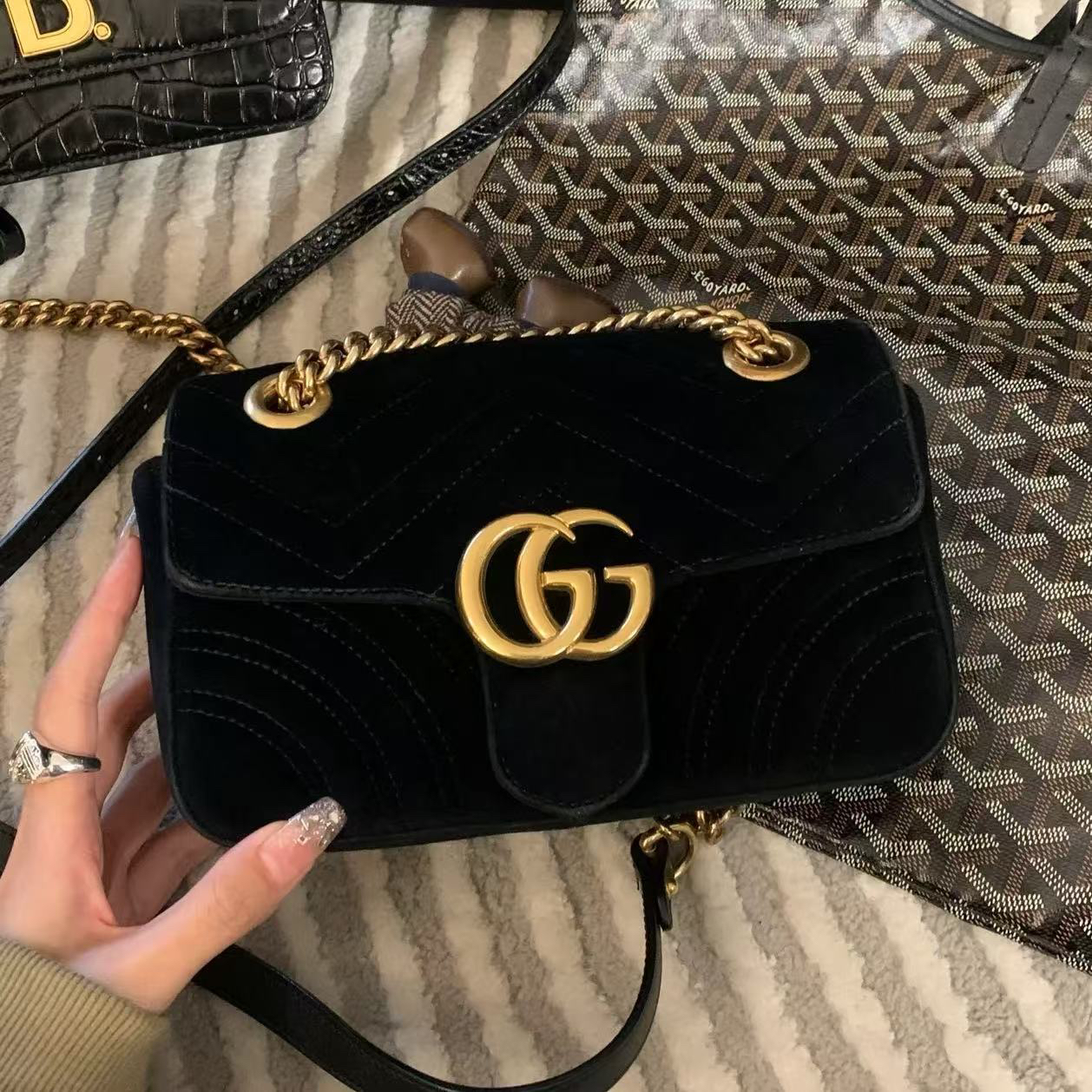 95新 GUCCI/古驰 古驰黑色绒面单肩包包/聪