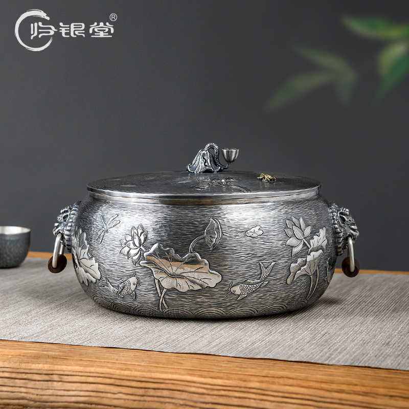 归银堂足银鱼戏荷花茶洗煮茶器大容量手工茶具零配GS-HZCQ220501