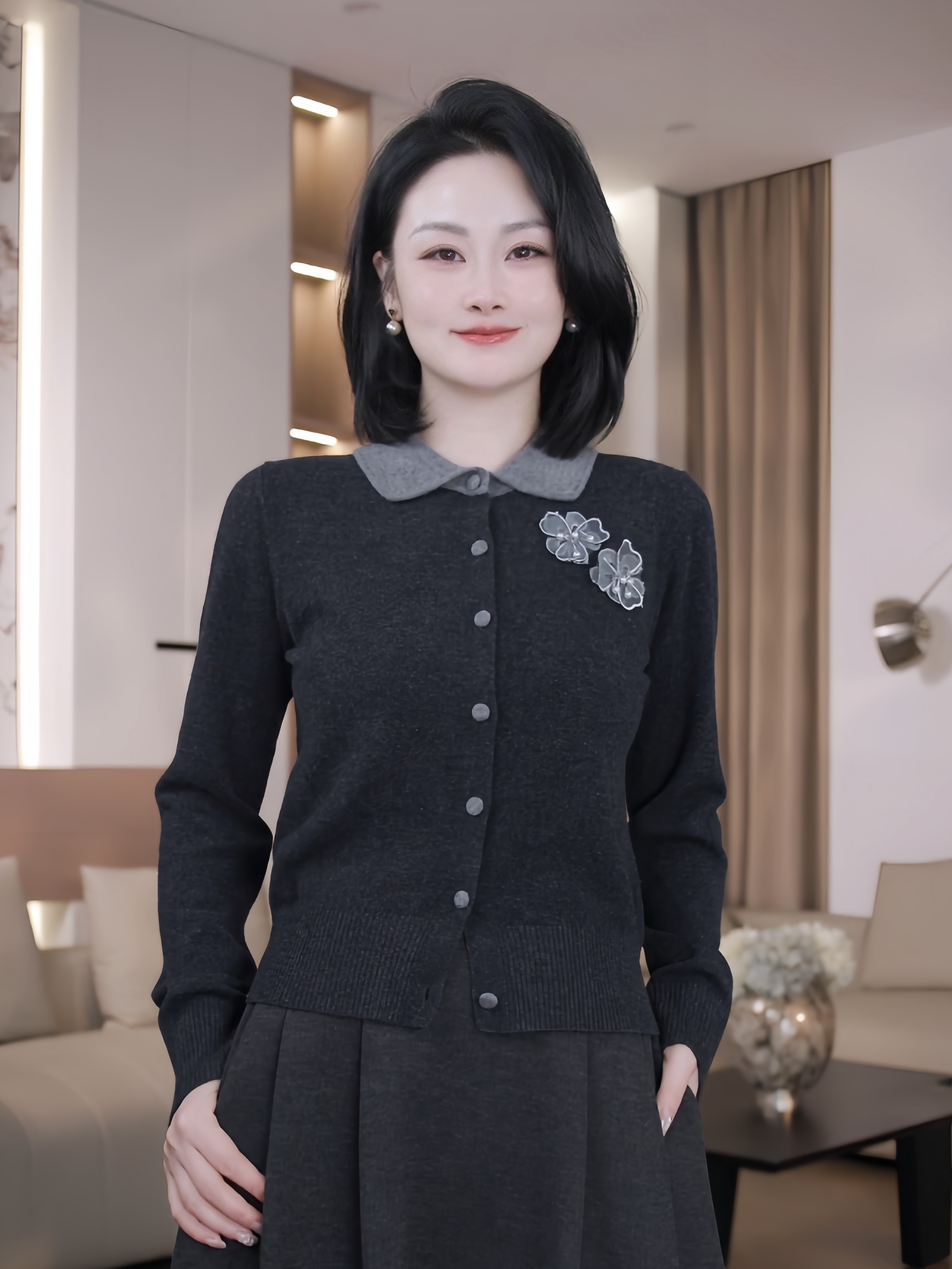 Nuovo Borgo 秋冬翻领羊毛衫100%羊毛打底衫立体绣花针织开衫8040