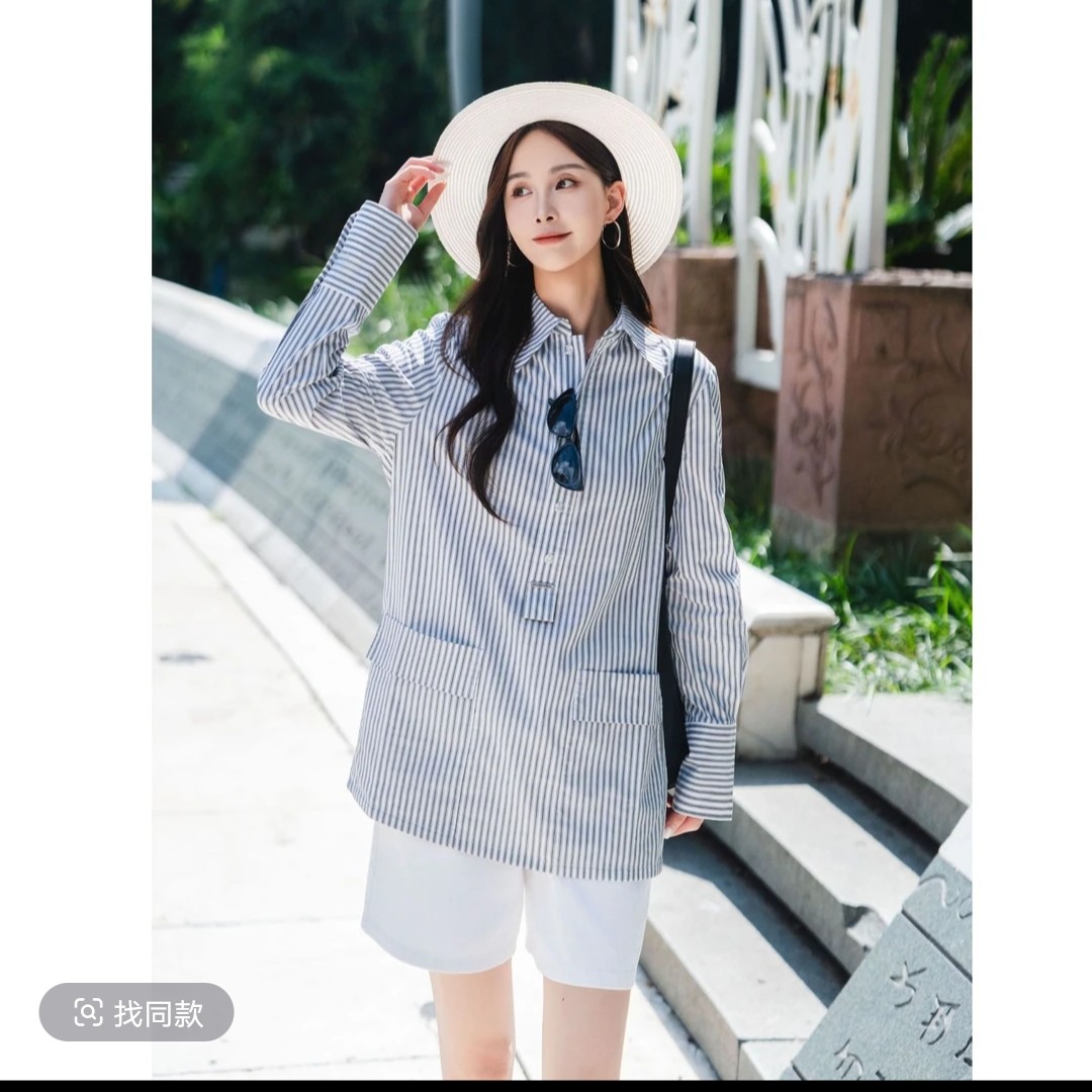 GIRDEAR/哥弟早秋新款复古条纹设计感时尚单排扣翻领衬衫女130102