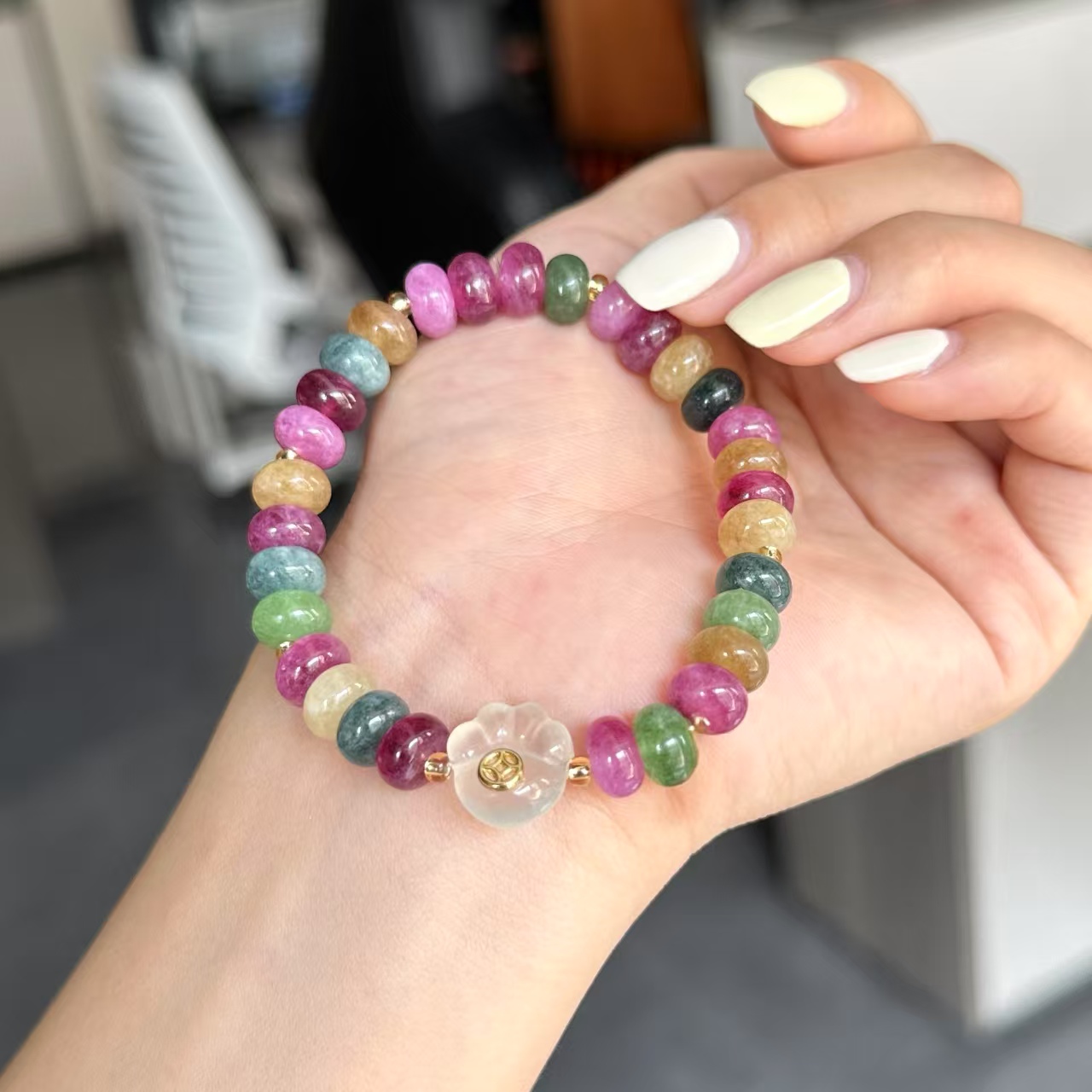 天然碧玺算盘珠多彩手串配玉髓猫爪原创女款手链 多样性发一B-170