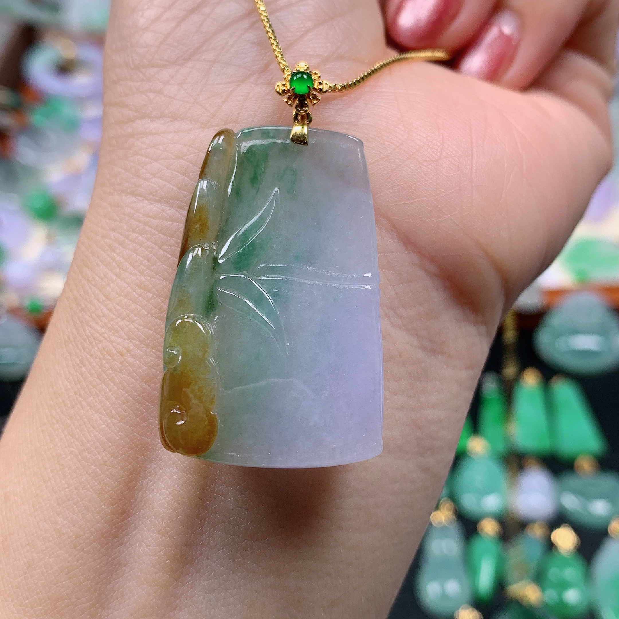 缅甸天然A货翡翠，冰三彩竹节 编号457/1213尺36.6-23.5-4.6