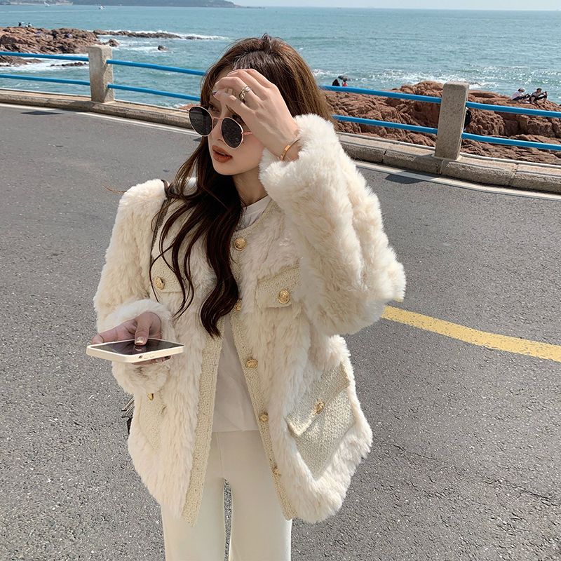 8280#特价小香风杏色羊羔毛绒外套女