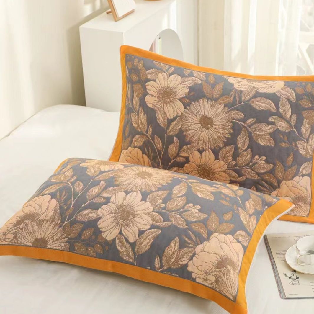 【梵曦专属】52*78纯棉纱布枕巾金色年华枕巾一对装