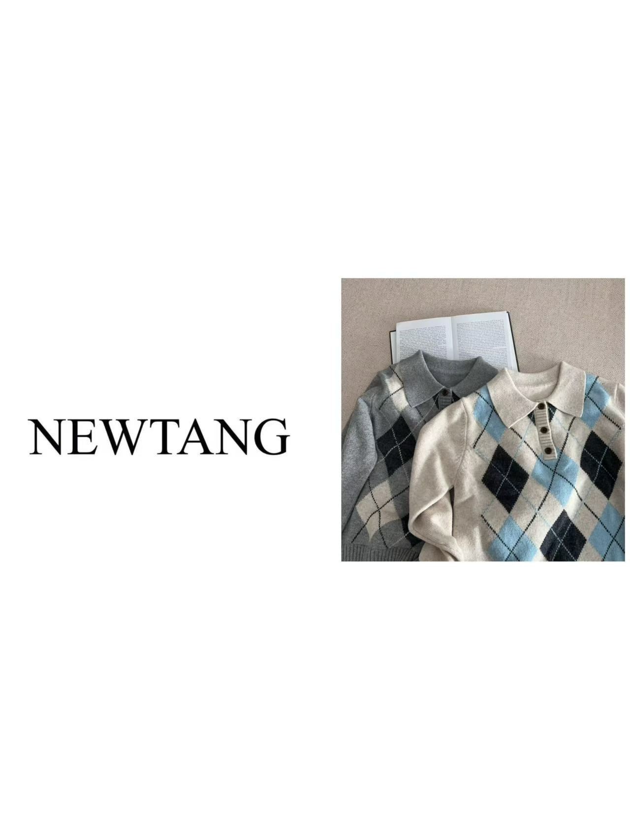 【白昼海岸】1165(含羊毛)翻领菱格长袖百搭上衣宽松显瘦毛衣上衣