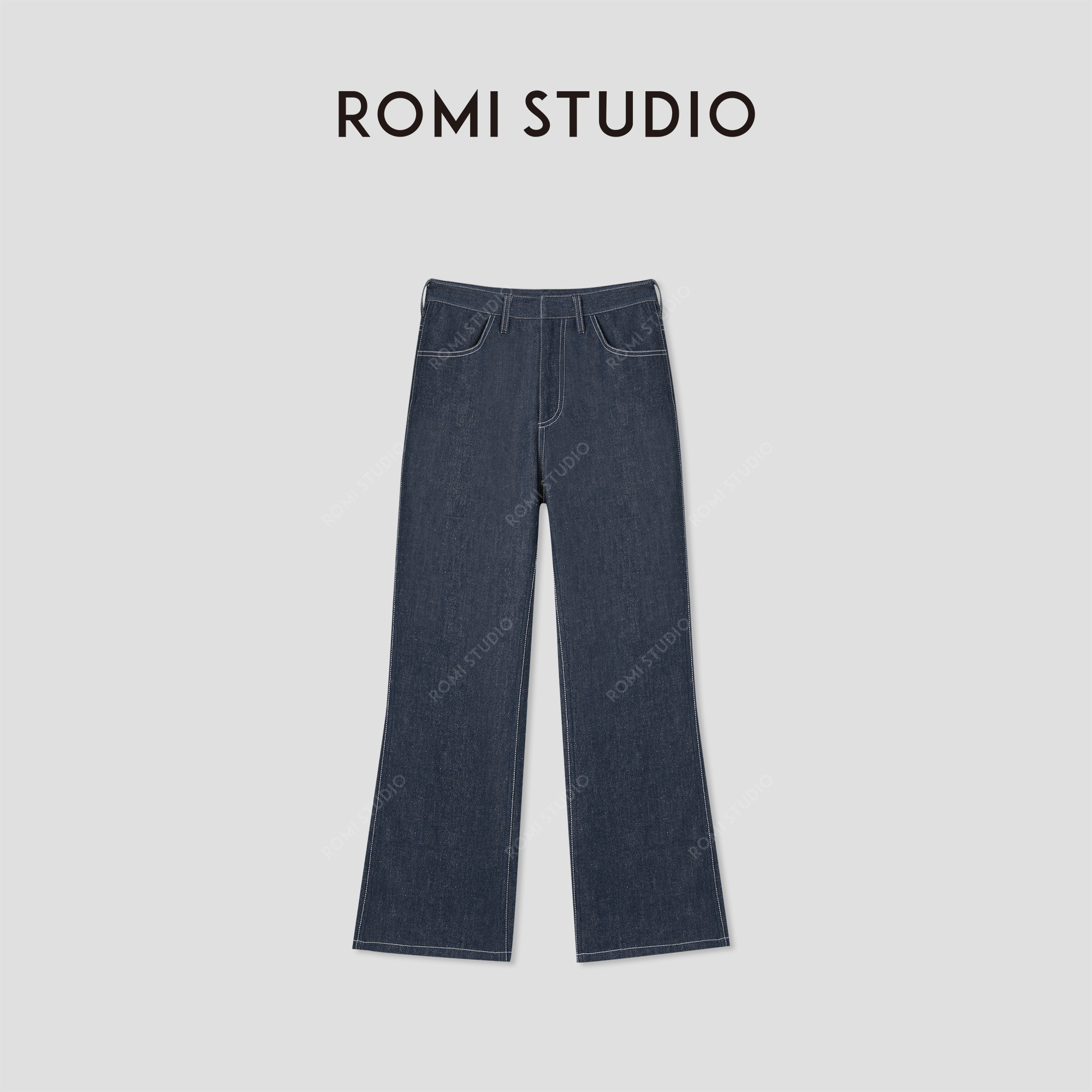 ROMI STUDIO“老钱静奢”独特平纹高腰藏蓝色微喇牛仔裤RWCSXD3842