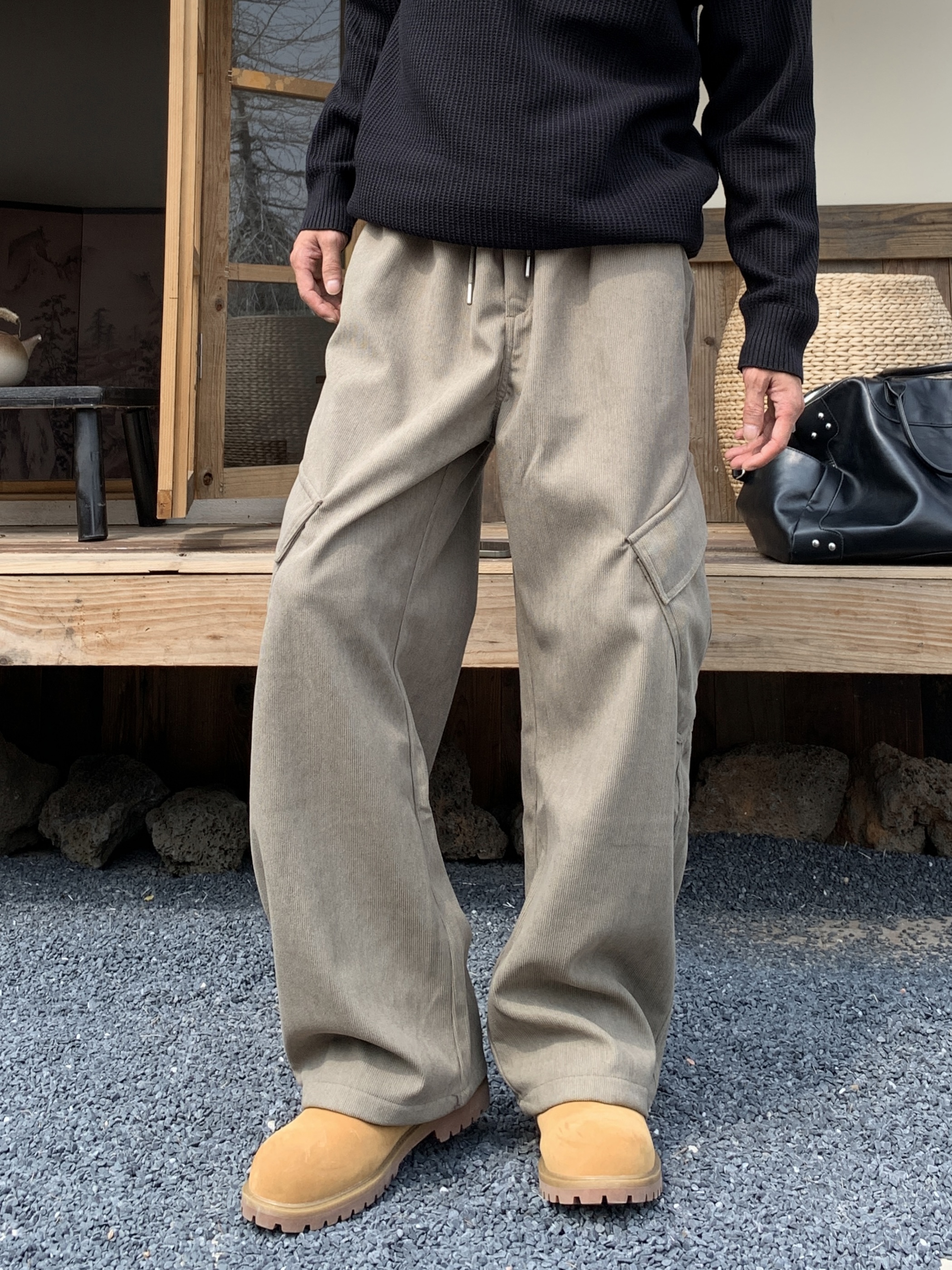 【YIMING】秋冬灯芯条绒弯刀工装直筒休闲大口袋宽松百搭厚款男裤