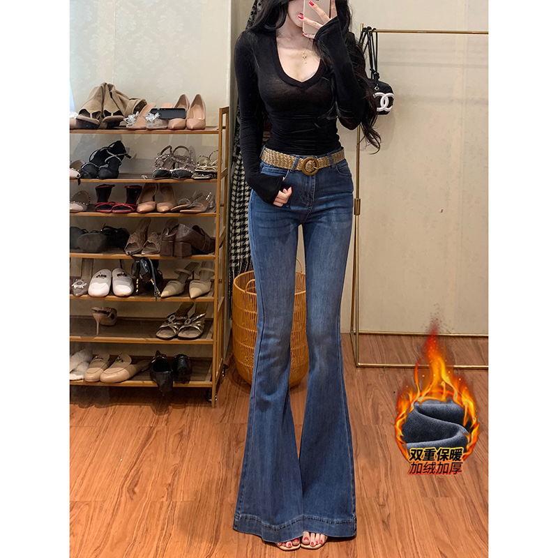 新款修身长腿加绒微喇牛仔裤女2025冬季高腰显瘦时尚鱼尾喇叭裤