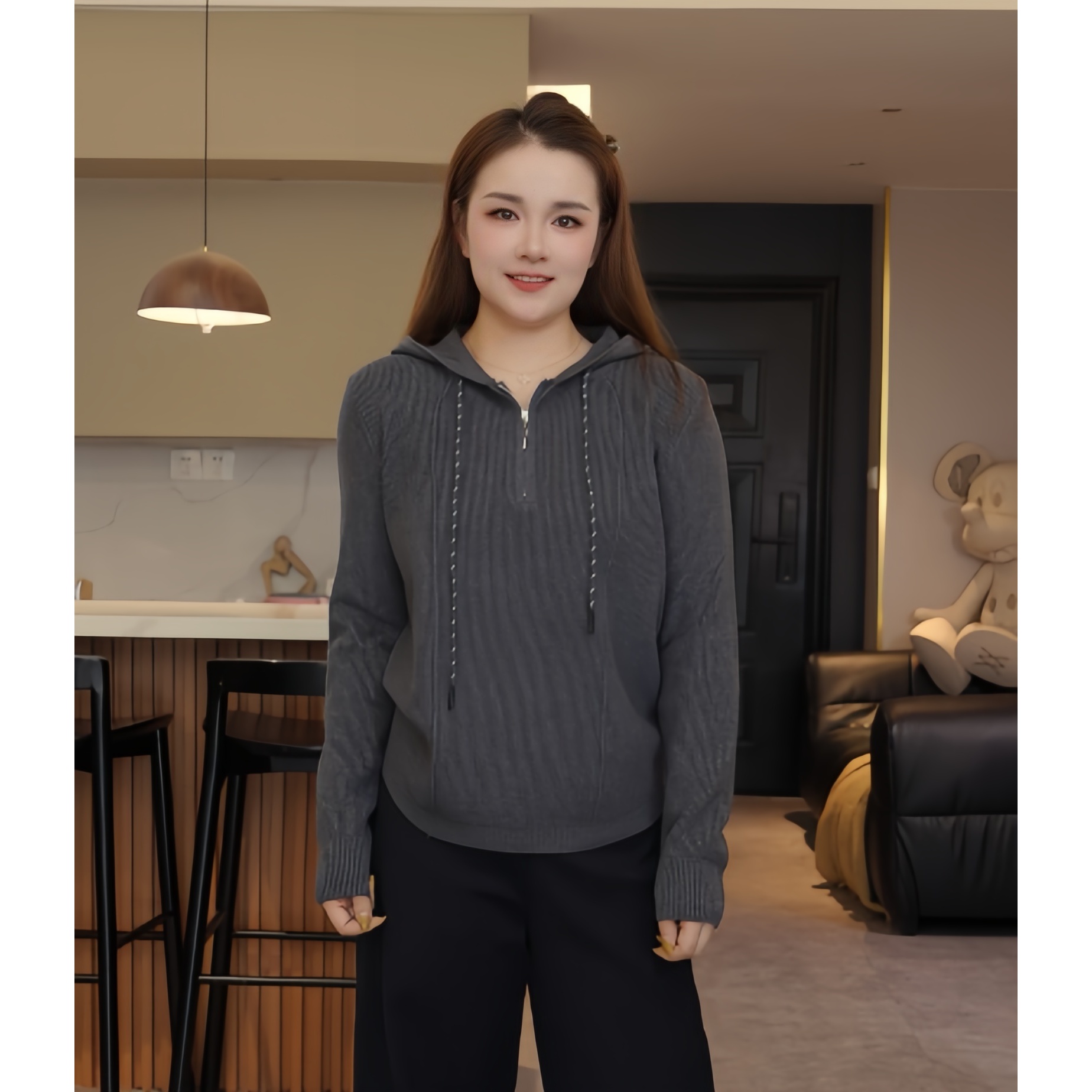 【欧加粒粒】连帽半拉链套头针织衫宽松显瘦遮肚女秋季 Y25091905