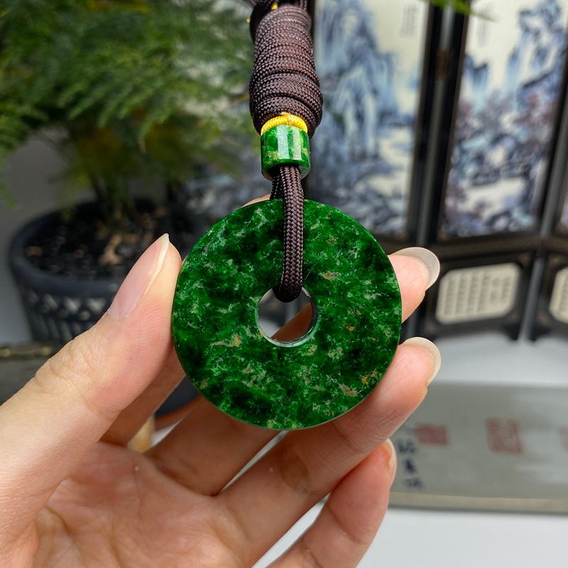 老料满绿辣色怀古平安扣挂件吊坠 天然翡翠A货