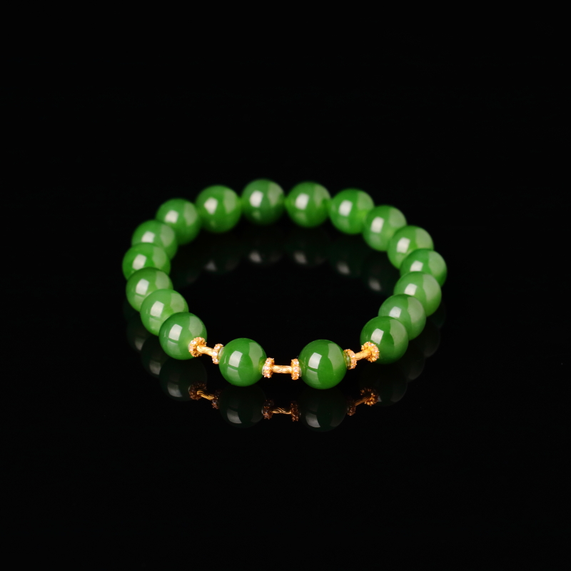 【泓贝珠宝-N765】18k金配饰和田玉碧玉圆珠设计款手串NGTC国检证书