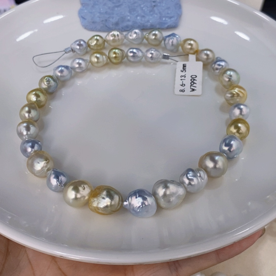 海水珍珠颈饰未镶嵌不**?金白混彩项链8.6-13.5莫