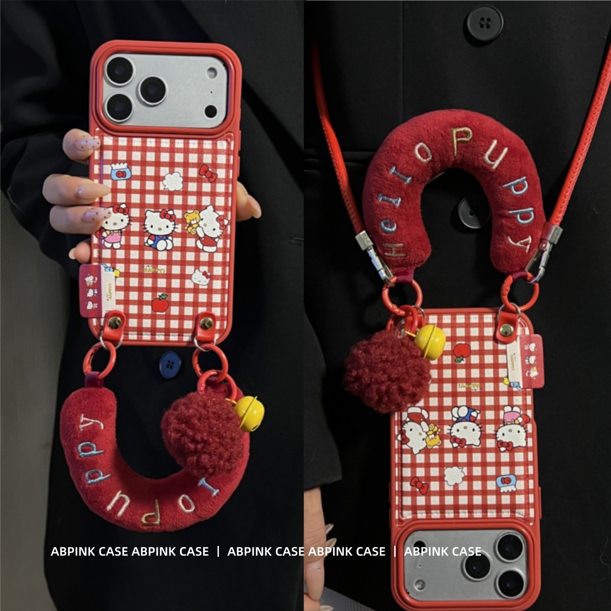 红色格子三只KT猫皮质适用iPhone17ProMax苹果16手机壳15腕带14女