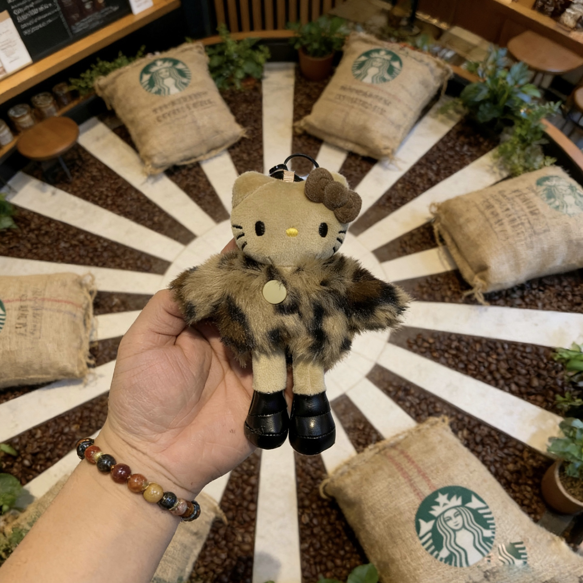 美拉德皮草长腿黑皮kitty毛绒公仔钥匙扣包包挂饰生日礼物女生