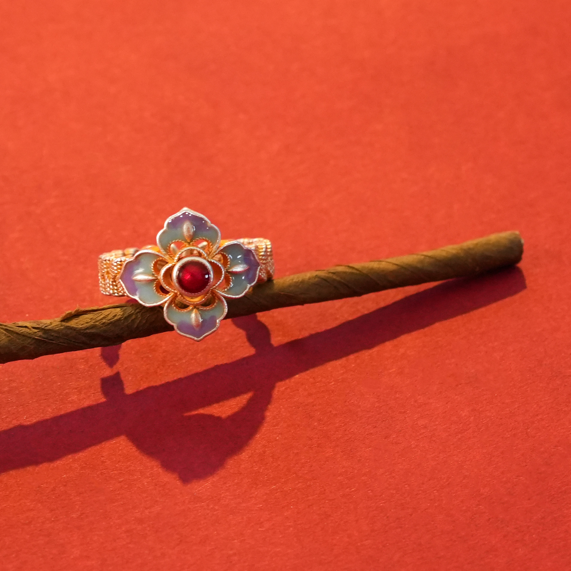 足银珐琅戒指 描金珐琅花丝四叶花对口戒指国风民族风复古银戒T26