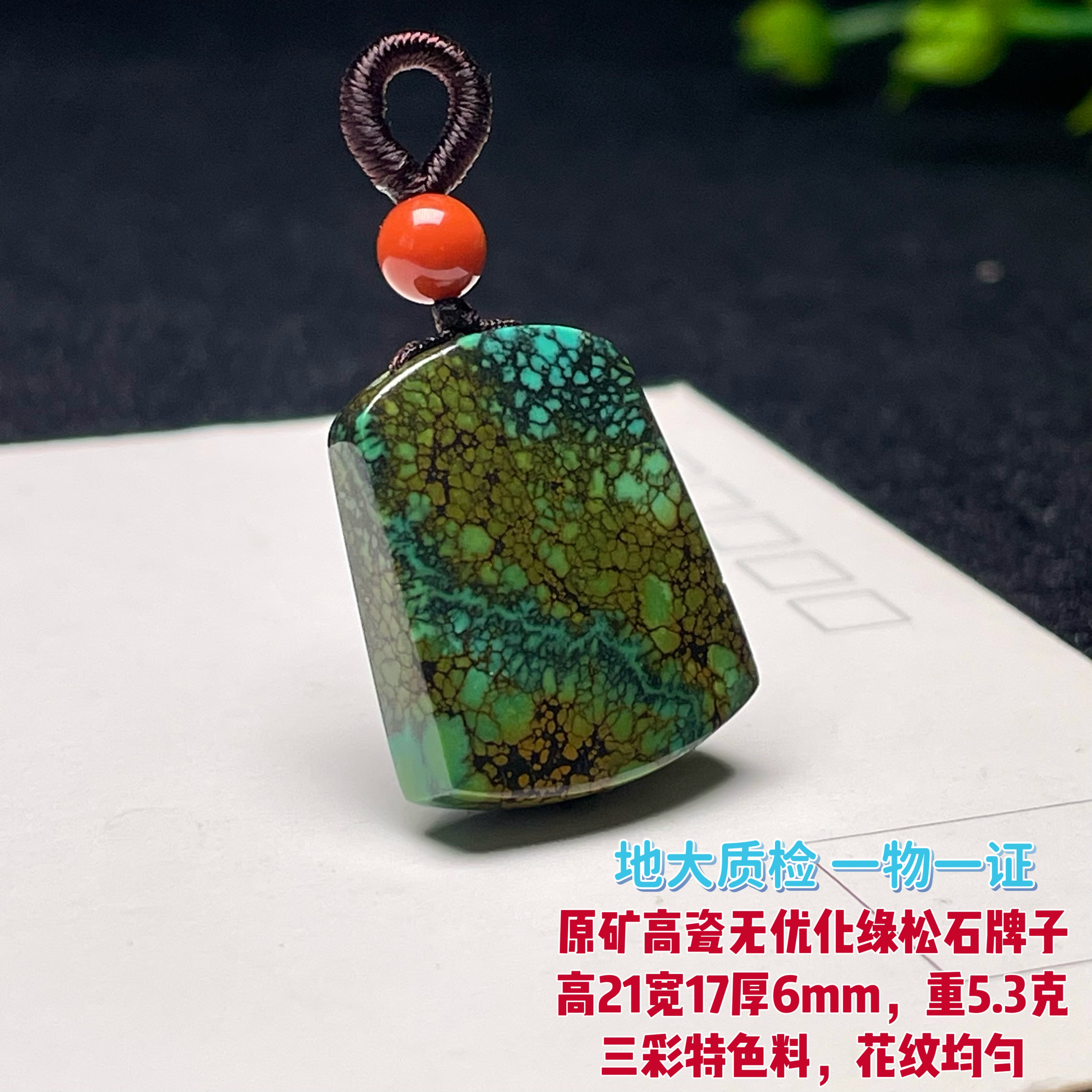 原矿高瓷无优化绿松石小牌子高21宽17厚6mm重5.3克三彩小吊坠