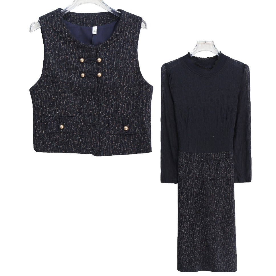 时尚亮片设计感马甲纹理感高级打底裙套装S3974