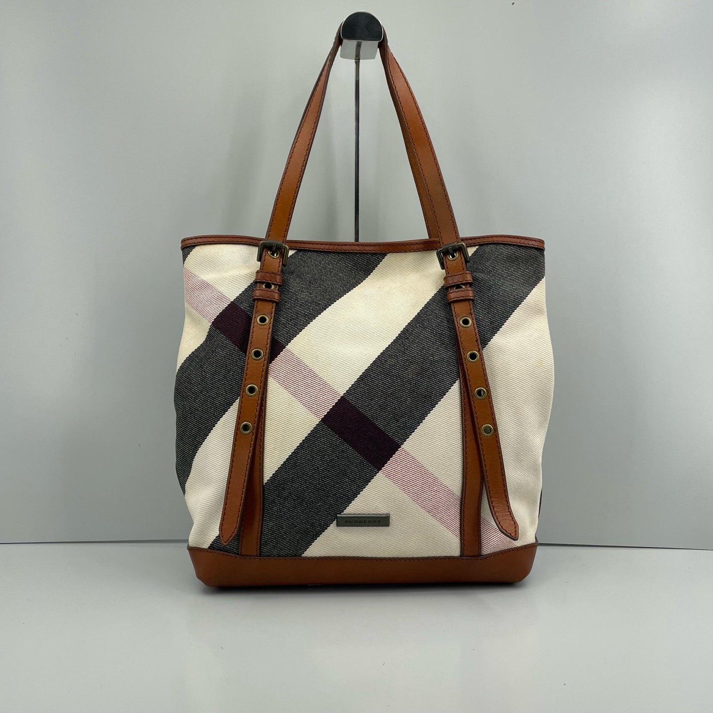 95新 BURBERRY/博柏利 优选棕拼帆布格纹托特包/36×34×11/Z111411