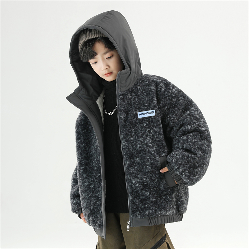 儿童加绒外套秋冬装2025新款男童夹棉加厚冬季保暖连帽羊羔毛毛衣