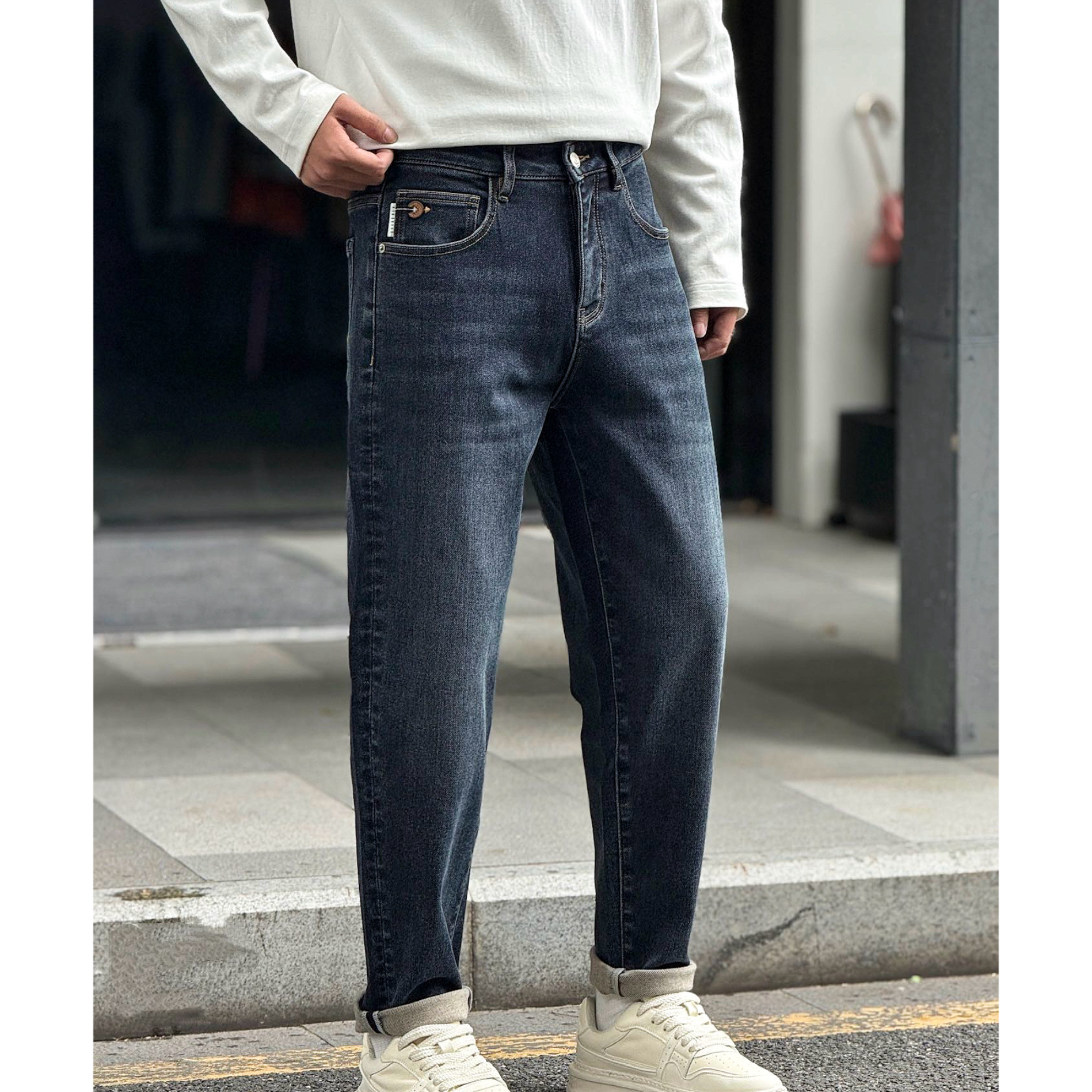 秋冬季加绒牛仔裤男士美式复古韩版休闲弹力高腰做旧百搭长裤子