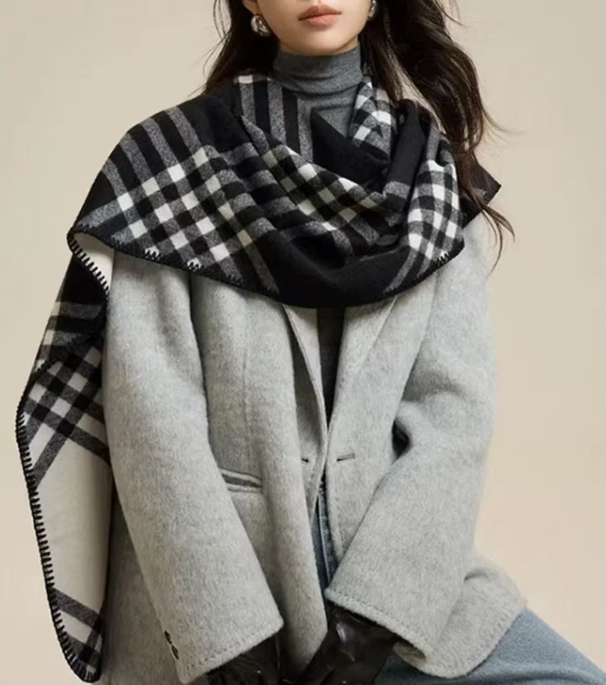 女双色时尚OL百搭提花欧美风保暖经典围巾厚款