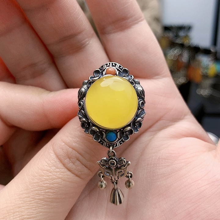 琥珀裸石银S925镶嵌戒指