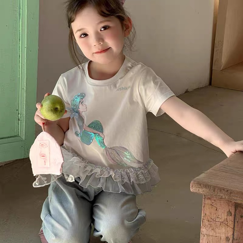K156 女童夏季白色美人鱼印花短袖T恤舒适上衣
