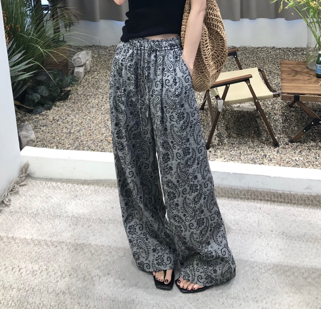 舒适棉麻～复古腰果花小众买手店灰调松紧腰圈巨藏肉微阔休闲裤