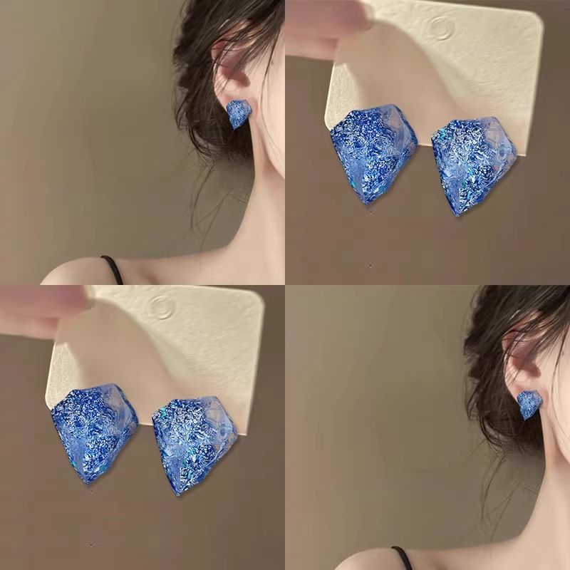 合金耳饰 LX-27不规则蓝色耳钉!轻奢小众立体几何耳环气质8307