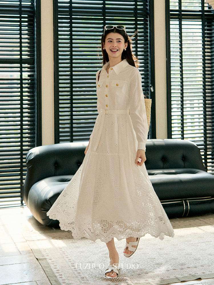 现货【品牌撤柜款ZB】鹿卓新款法式复古收腰气质显瘦连衣裙