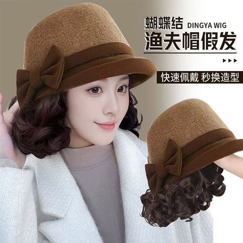 时尚保暖呢渔夫帽假发一体短卷发头套带帽子慵懒洋气减龄