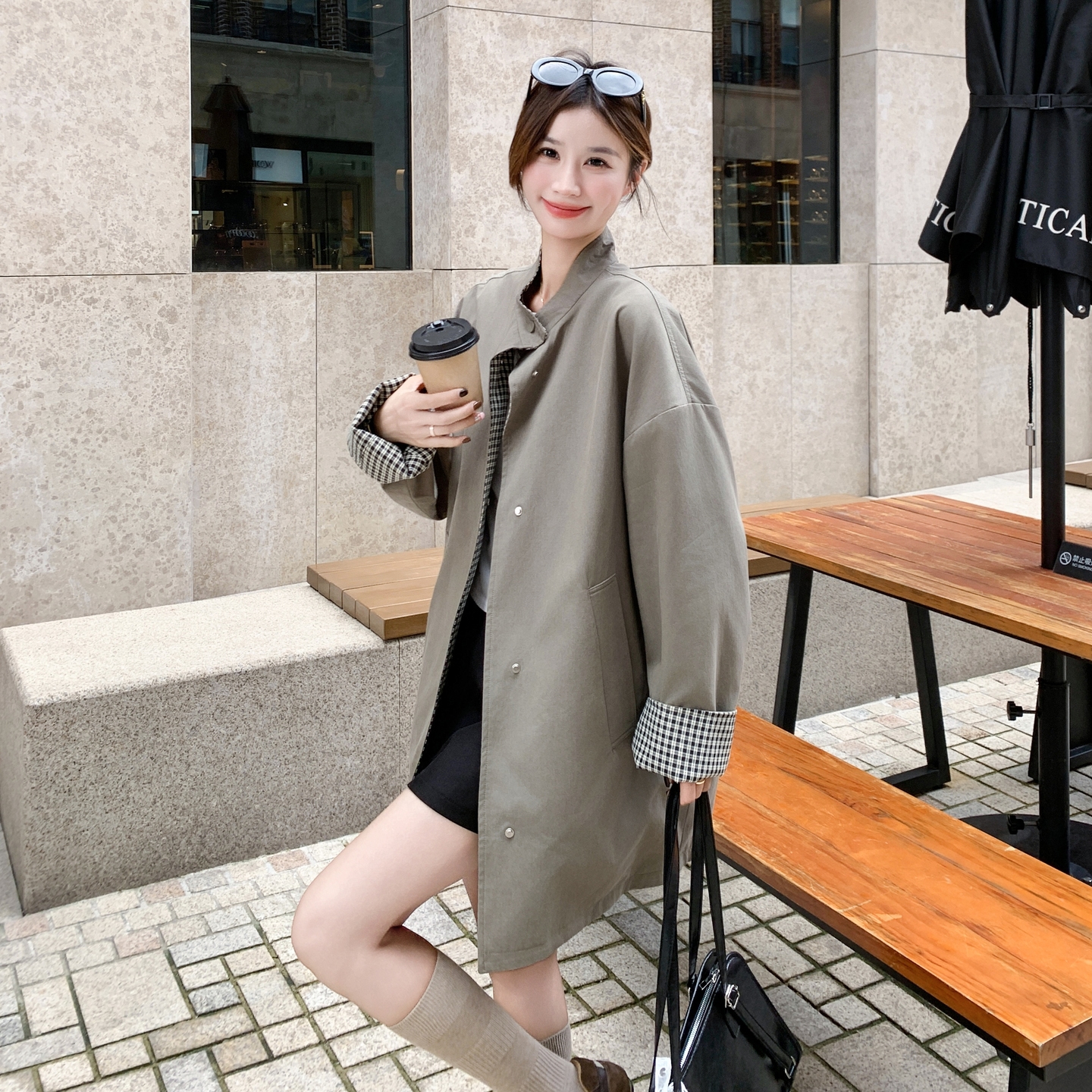 常规拼接口袋纯色女立领格子风衣韩版小个子洋气时尚春秋气质洋气